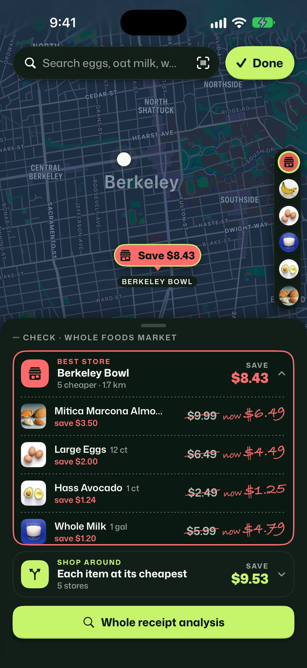 A Whole Foods receipt checked on Drina's map: Berkeley Bowl saves $8.43 on five items, each crossed out with the lower price written in