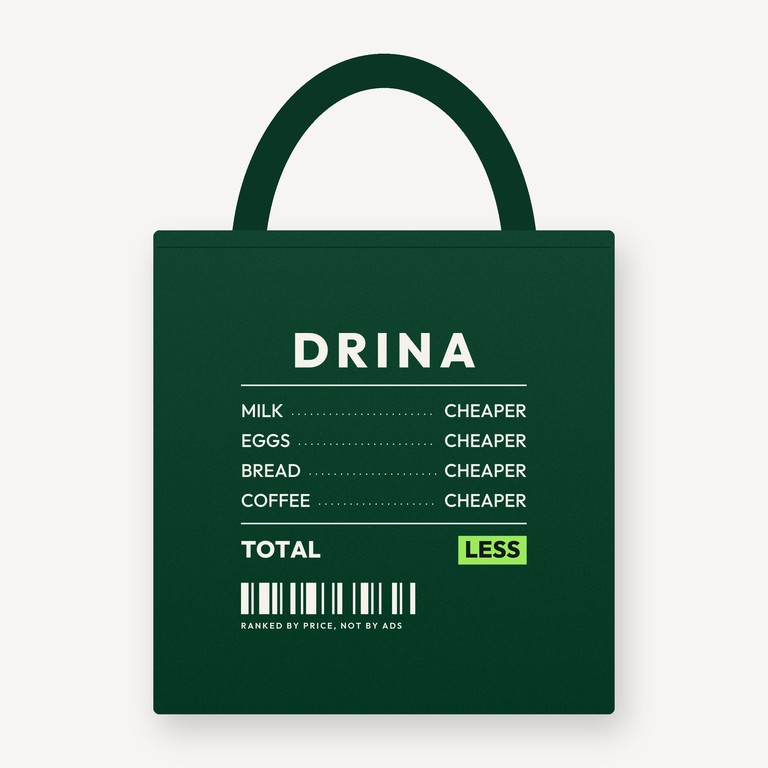 A bottle-green tote printed with a Drina receipt where every line is cheaper