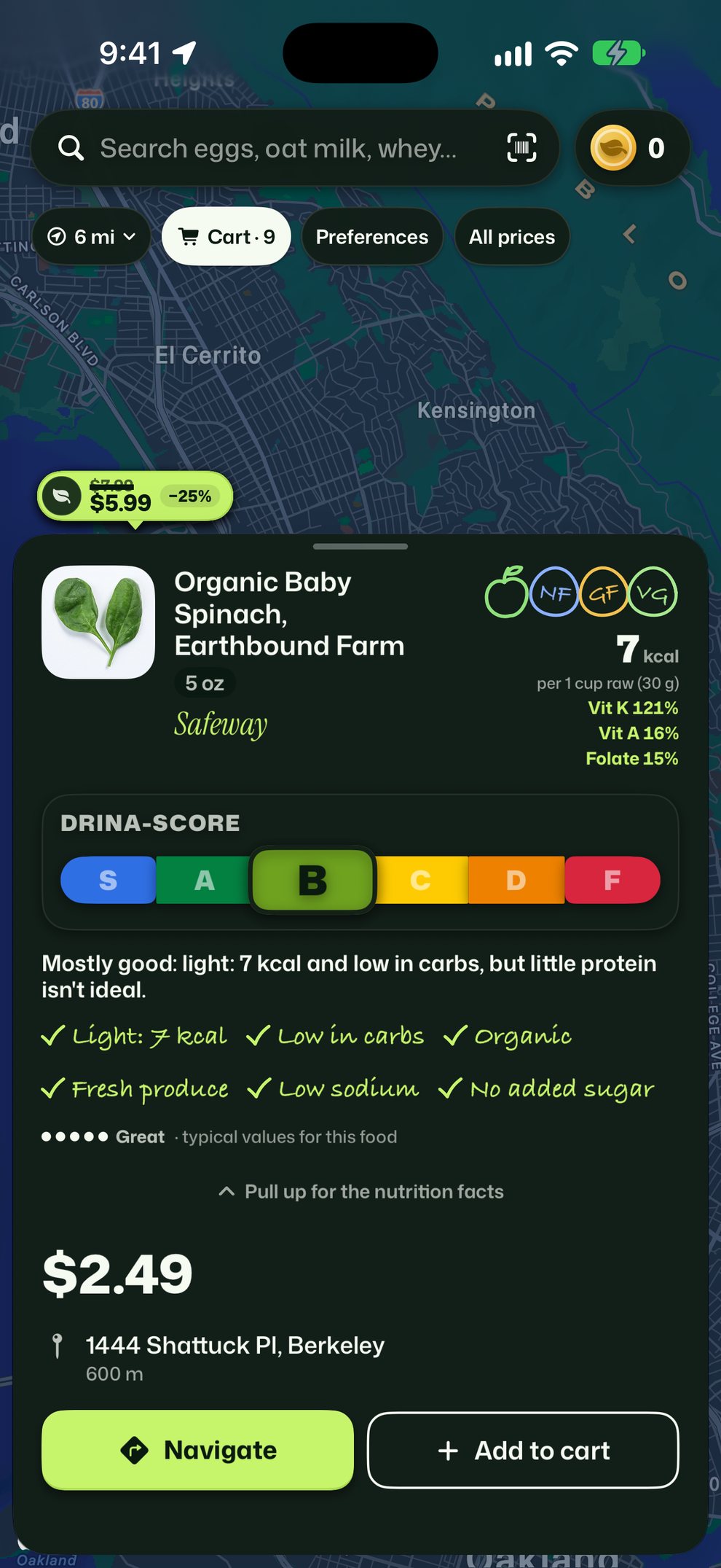 Organic baby spinach on Drina: Drina-Score B, with ticks for light, low in carbs, organic, fresh produce, low sodium and no added sugar