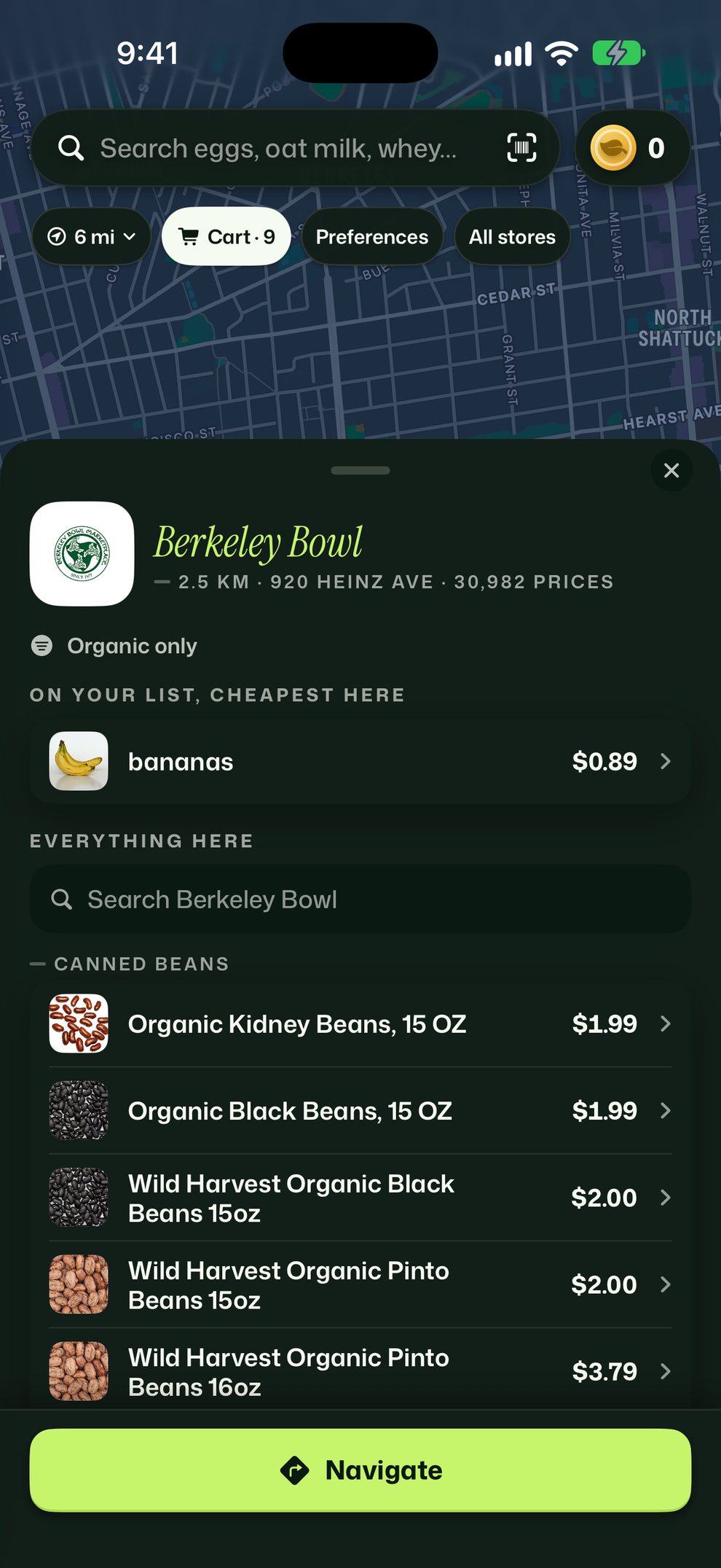 Berkeley Bowl opened from its pin on Drina's map: 30,982 prices, organic only, what on your list is cheapest there and the store's prices by aisle